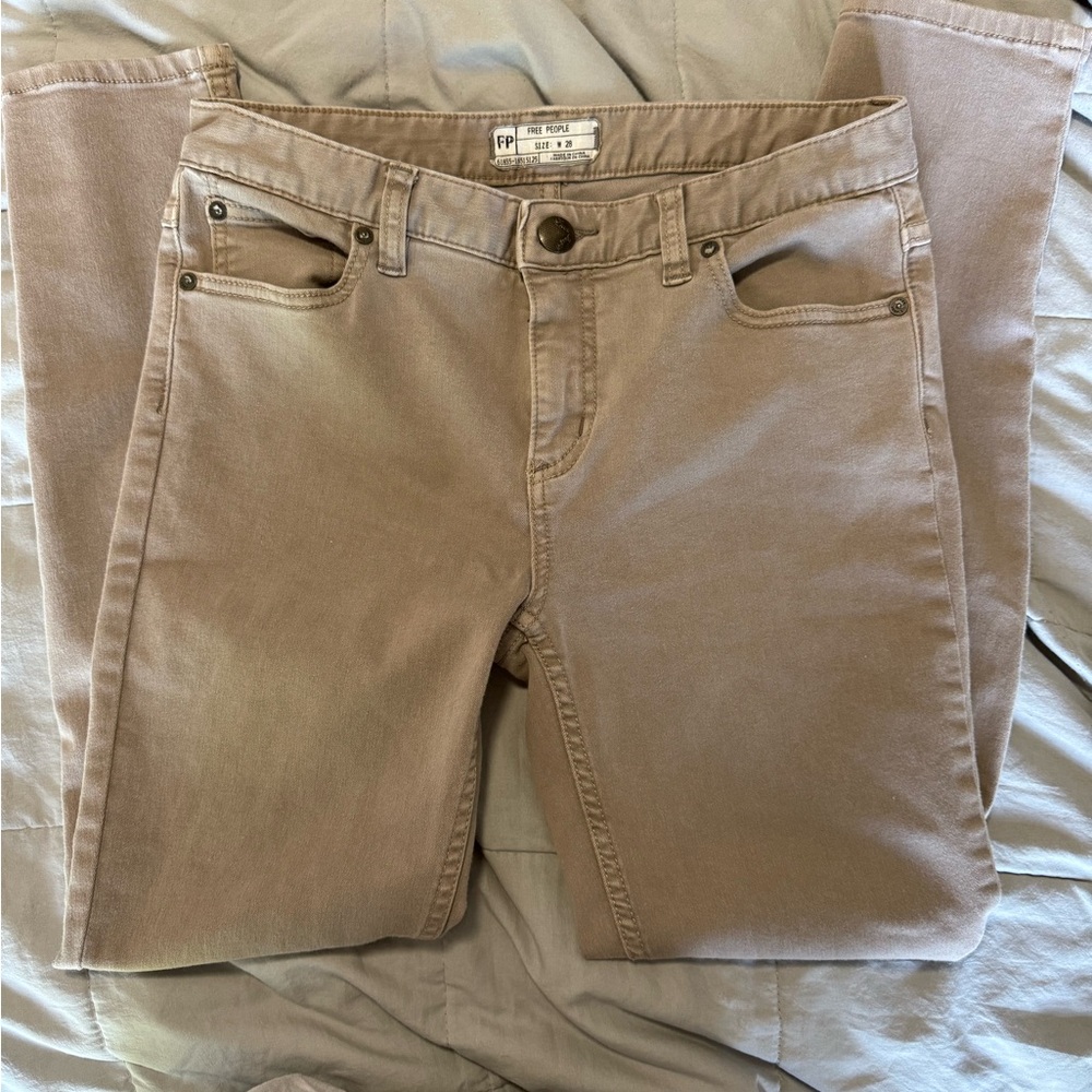 Free People Tan Distressed Straight Leg Jeans